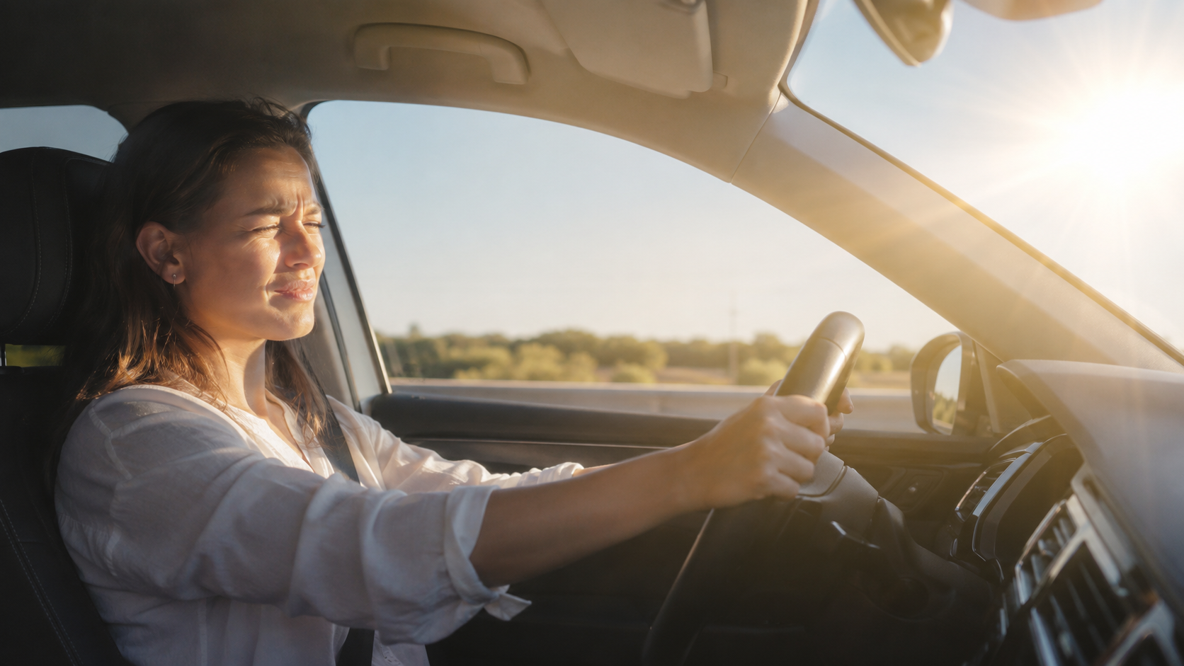 Texas driver squinting in bright sun glare while driving